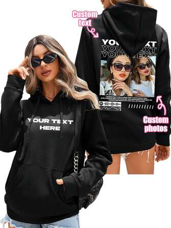 Sudadera con capucha de forro polar personalizada con foto impresa para mujeres, negra, personalizada con fotos de amigos/familia/pareja/mascotas, adecuada para cumpleaños, aniversario, San Valentín, Halloween, Navidad, vuelta al cole, Navidad, otoño, invierno, regalo de fiesta, regalo para ella, regalo de cumpleaños