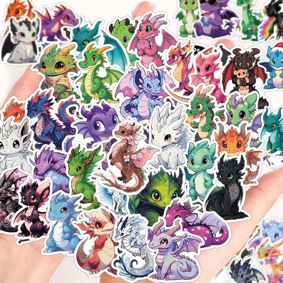 50pc Kinds Of Dragon Cartoon Stickers, Suitable For Phone Cases, Guitars, Skateboards, Laptops, Water Bottles, Diaries, Stationery, Books And Birthday Parties - 50pc - View 1