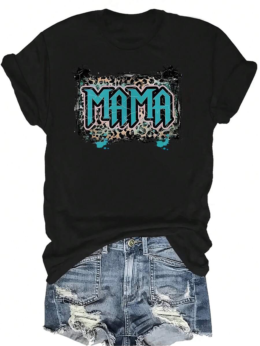 Camiseta con estampado de MAMÁ, unisex, de verano, casual, transpirable, con personalidad, cuello redondo, manga corta, ropa de calle, versátil, adecuada para adolescentes y adultos - Negro - Ver 1