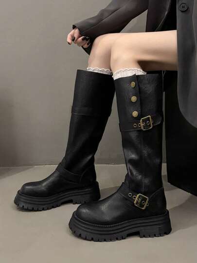 女士厚底高筒靴，复古做旧皮革搭扣绑带时尚靴，2025春秋新款，派对必备