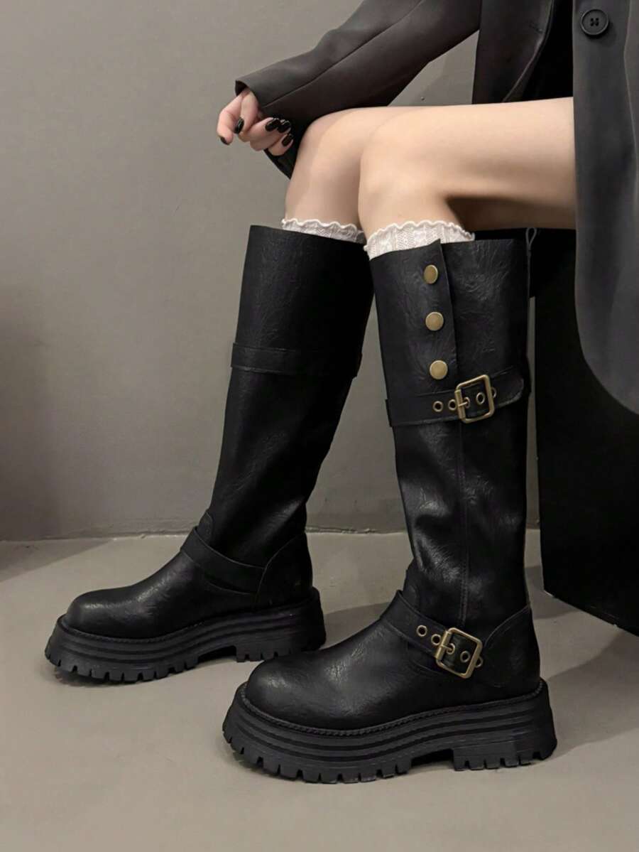 女士厚底高筒靴，复古做旧皮革搭扣绑带时尚靴，2025春秋新款，派对必备