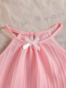 2pcs Baby Girls' Solid Color Spaghetti Strap Camisole Top With 3D Bow Decor & Ruffle Hem, Straight Leg Pants Set, Pink, Valentine's Day/Birthday Gift, Spring/Summer - Pink - View 5