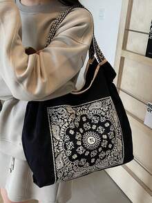 女士手提包，大容量防水帆布刺绣托特包，个性化图案便携单肩托特包 - 黑色 - 查看 5