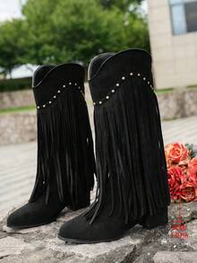 Bốt tua rua cổ chữ V màu đen phong cách Punk cổ điển, giày cao gót mũi nhọn bằng da lộn tua rua đinh tán thời trang thu đông 2025, bốt cao đến bắp chân, giày bốt nữ - màu đen - Xem 8