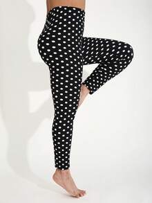 Plus Size Women's Minimalist Black Leggings With Small Polka Dot Pattern, Suitable For Outdoor Activities, Cycling, Adventure, Hiking, Casual, Sports, Running, Fitness, Home Workout, Squats, Yoga, Gym Training, Ankle Length