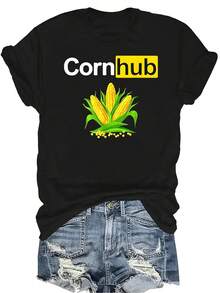 Camiseta con estampado de maíz, unisex, de verano, casual, transpirable, con cuello redondo, manga corta, estilo urbano, versátil, adecuada para adolescentes y adultos - Negro - Ver 1