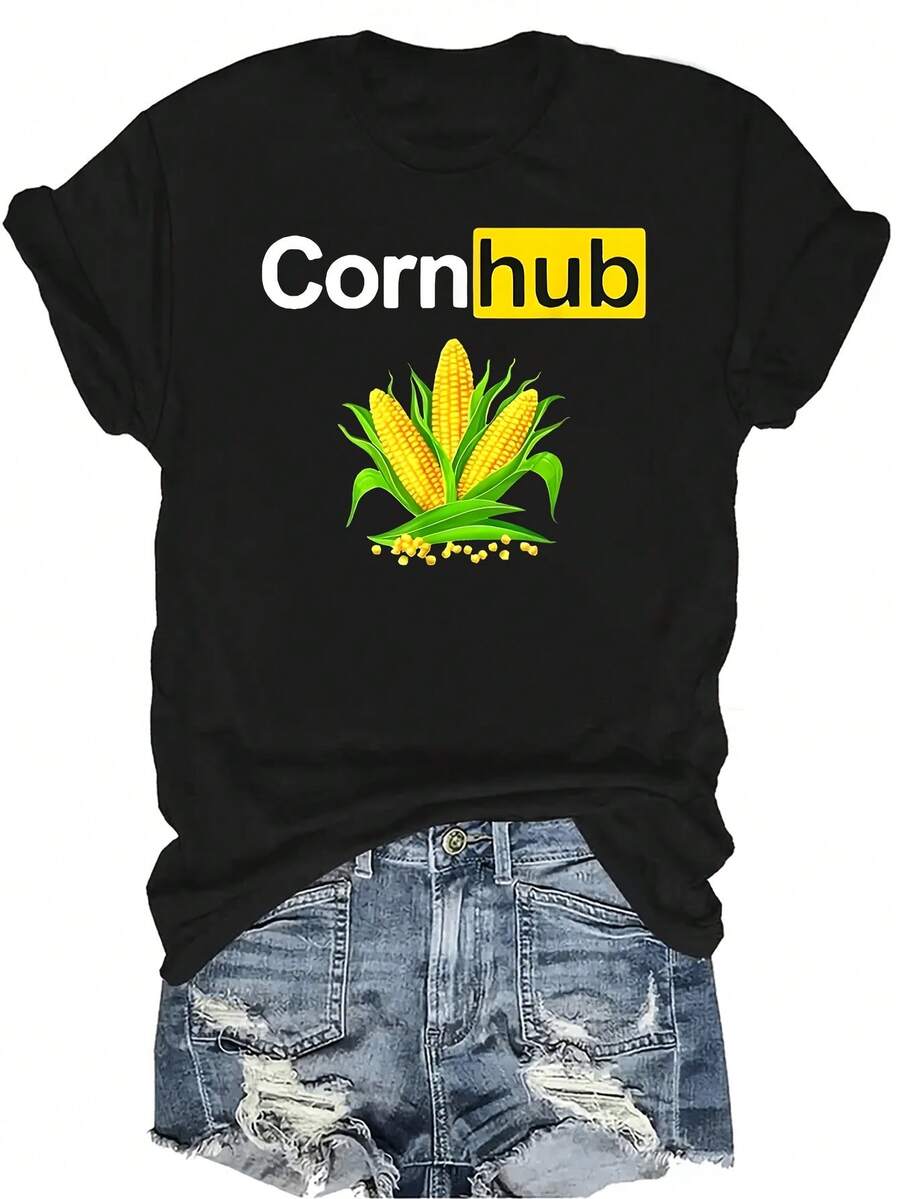 Camiseta con estampado de maíz, unisex, de verano, casual, transpirable, con cuello redondo, manga corta, estilo urbano, versátil, adecuada para adolescentes y adultos - Negro - Ver 1