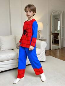 2 件套年轻男孩派对休闲时尚可爱礼物，舒适户外蜘蛛网拼色红蓝蜘蛛印花圆领长袖上衣和直筒裤套装，秋季