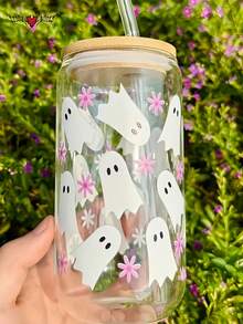 Cartoon Ghost Halloween Glass Straw Cup, Coffee Glass Cup, Beverage Juice Cup, Water Cup - Best Choice For Gifts To Friends!