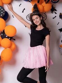 Adult Women's 3-Layer Sequined Tiered Tulle Ballet Tutu, Elegant Elastic Waist Mini Skirt For Ballet, Women's Clothing - Màu Hồng Tươi - Xem 3