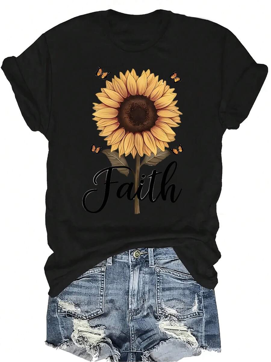 Camiseta de fe, unisex, de verano, casual, transpirable, de personalidad, cuello redondo, manga corta, camiseta de uso urbano, versátil, adecuada para adolescentes y adultos - Negro - Ver 1