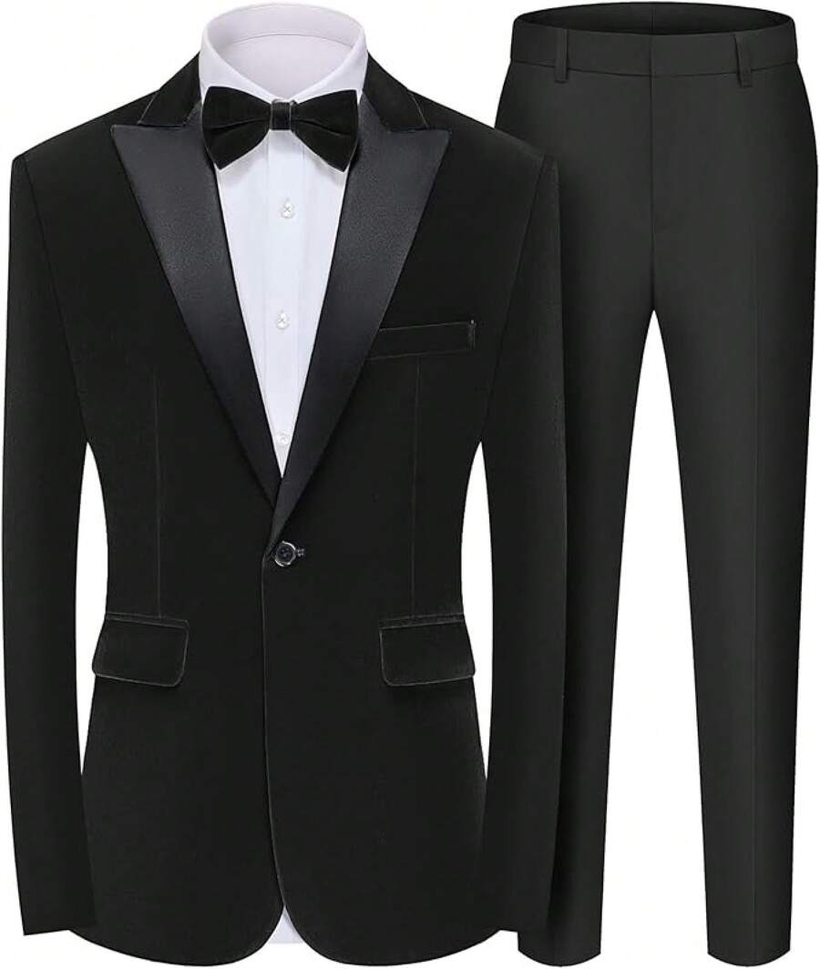 2026 Men's Casual Blazer & Pant Set Men's 2 Piece Velvet Suit Peak Lapel One Button Slim Fit Tuxedo Blazer Party Dinner Jacket & Pants Relaxed Stretch Fit For Smart Casual Events - 黑峰翻領 - 查看 1