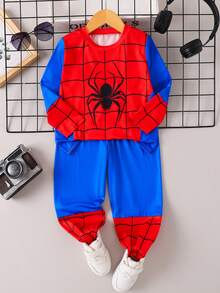 2 件套年轻男孩派对休闲时尚可爱礼物，舒适户外蜘蛛网拼色红蓝蜘蛛印花圆领长袖上衣和直筒裤套装，秋季