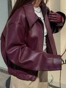 Seelio 秋冬女装复古翻领长袖简约PU皮夹克宽松风衣 - 酒紅色 - 查看 6