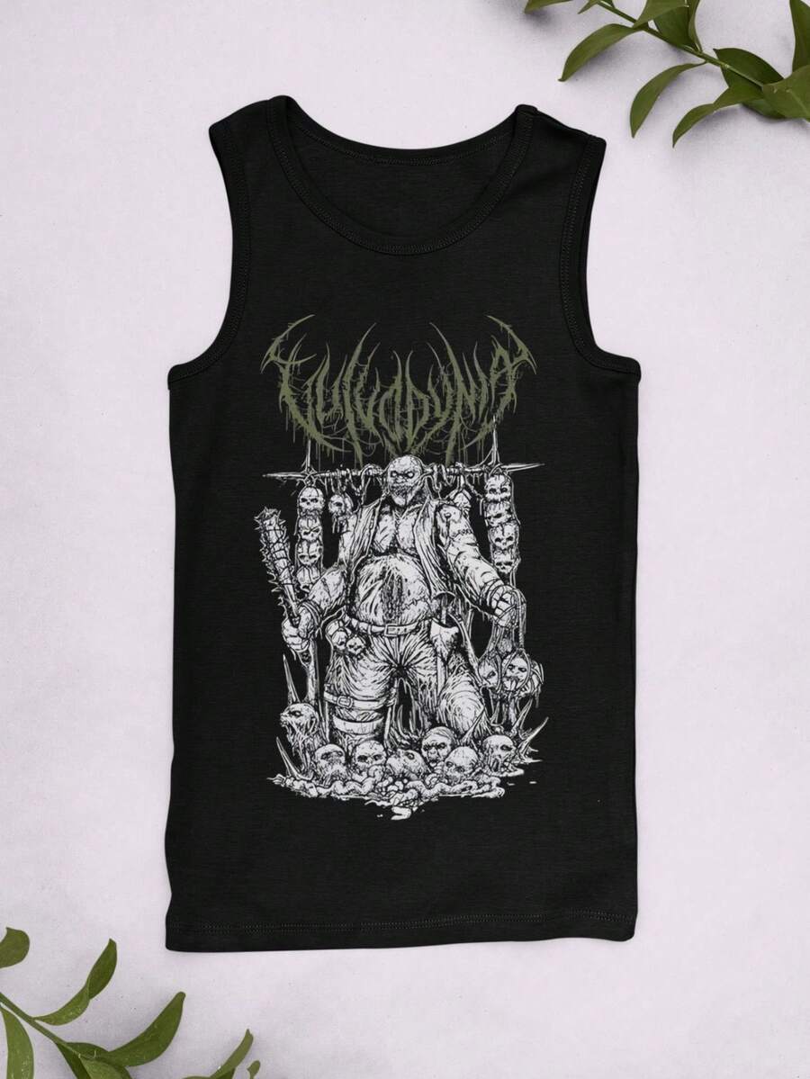 Men's Dark Death Metal Style, Men's Tank Top, Horror Skull Butcher Print, Personalized Fashion Sleeveless Top003 - 黑色 - 查看 1
