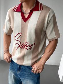 Suéter de cuello polo de color block casual y térmico de manga corta, esencial para otoño/invierno, opción de regalo perfecto para suéter de hombre en invierno, suéter de manga corta juvenil y urbano