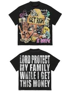 [Camiseta Motivacional Audaz] Camiseta Gráfica Y2K para Hombre - Diseño Motivacional de Dinero Audaz| Camiseta de moda urbana con eslogan GET RICH & LORD PROTECT MY FAMILY - Camiseta ligera de verano para moda urbana y atuendos casuales - Lavable a máquina, ajuste regular, cuello redondo, top con estampado desgastado, tela transpirable - Negro - Ver 3