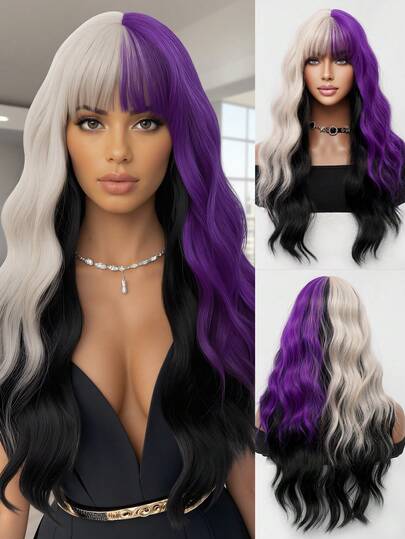 角色扮演金发紫色 26 英寸长卷发，带刘海亮点黑色假发，合成耐热纤维假发，易于护理，水波造型，适合女性日常穿着，街头休闲万圣节假发，圣诞音乐节假发，服装假发，返校派对