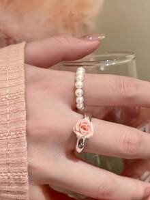 2 件套法国玫瑰花珍珠开口戒指，甜美优雅的叠戴风格，适合日常佩戴 - 彩色 - 查看 2