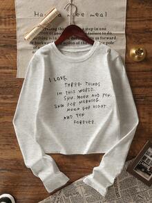 修身款美式插肩字母印花棉质 T 恤，短款长袖分层上衣，适合女士，春秋季 - 淺花灰 - 查看 4