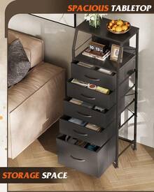 Tall Night Stand With 5 Fabric Drawers, Bedroom Nightstand With 5 Drawers & 2 Open Shelves, Fabric Dresser Organizer, Sturdy Steel Frame Bedside Table - màu đen - Xem 4