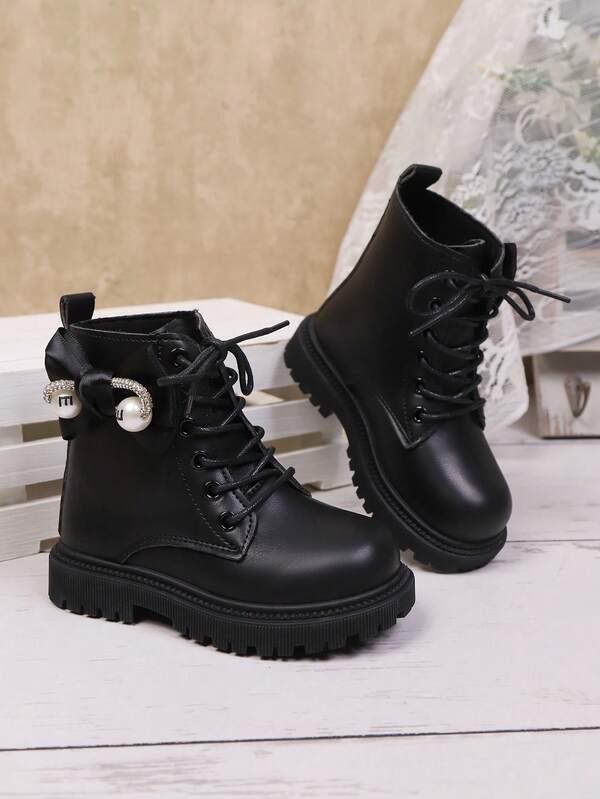 1 Pair Girls' Boots, Soft PU + Sequin Pearl Fabric Bow Decor, Round Toe Lace-Up Thick Sole Height-Increasing Fashion Cute Princess Boots, Suitable For Students Daily Casual Holiday Campus Outdoor Wear, Autumn/Winter New Style