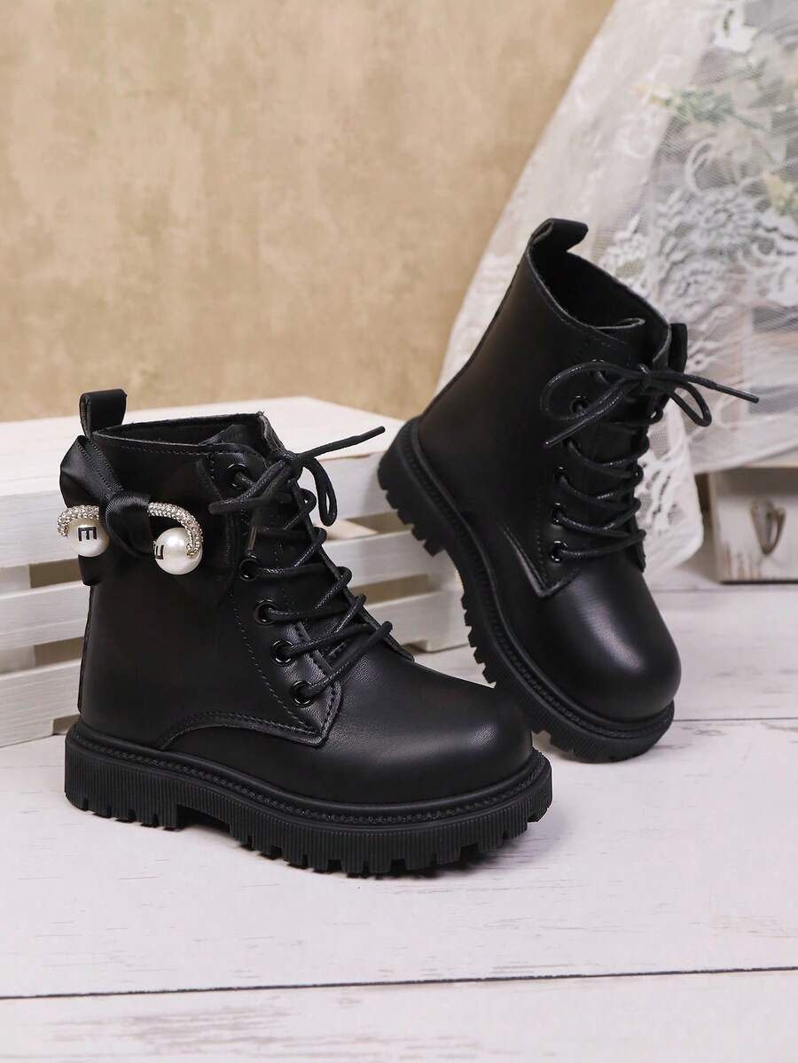1 Pair Girls' Boots, Soft PU + Sequin Pearl Fabric Bow Decor, Round Toe ...