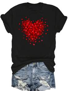 Camiseta con diseño de corazón de Valentín, unisex, de verano, casual, transpirable, con cuello redondo, manga corta, estilo urbano, versátil, adecuada para adolescentes y adultos - Negro - Ver 1