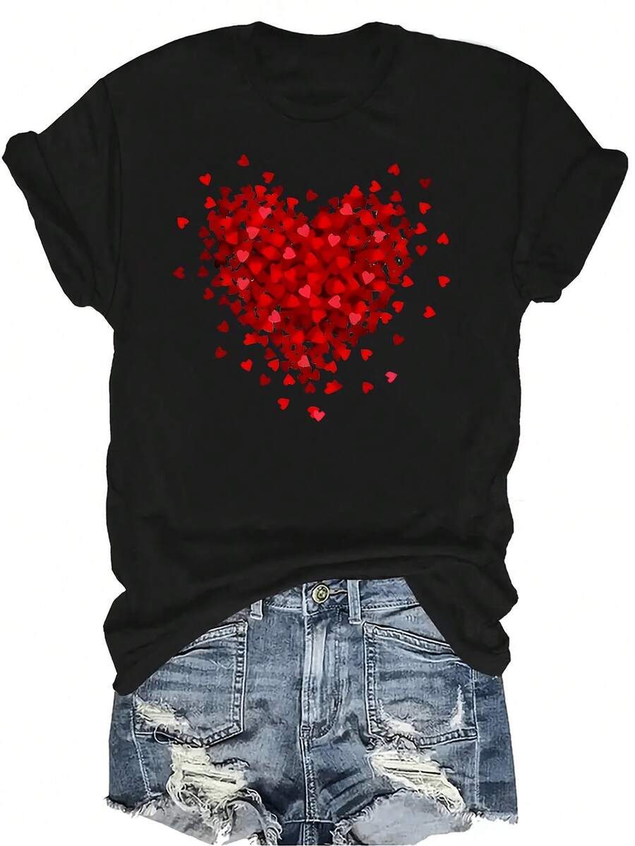 Camiseta con diseño de corazón de Valentín, unisex, de verano, casual, transpirable, con cuello redondo, manga corta, estilo urbano, versátil, adecuada para adolescentes y adultos - Negro - Ver 1