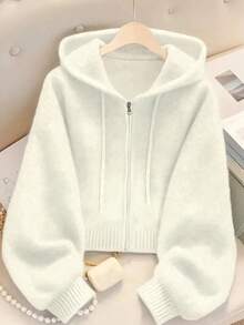 Women's Soft Light Blue Zip-Up Hoodie - Casual Fashionable Long Sleeve Cardigan, Stretchy & Comfortable For Autumn/Winter, Ribbed Details, Button Closure, Breathable Fabric, Pullover, Essential For Fall