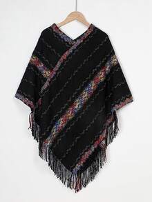 1 Stück leichter, farbenfroher Damen Poncho Schal mit Strass-Gitter und Quasten, gestrickt, modisch-Lässig und warm für den Alltag zu Kleidern - Weiss - Übersicht 6