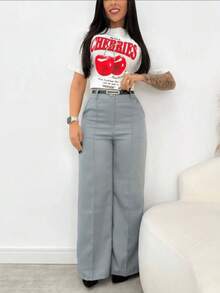 Kit Of 2 Women's Tailored Wide Leg Pants With Belt, Winter/Summer  2026 - 米色/灰色 - 查看 6