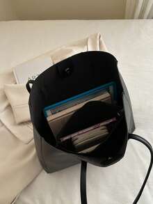 2 chiếc túi xách đeo vai lót chần bông màu đen cho nữ, túi xách kết hợp dung tích lớn thời trang có khóa bấm, phong cách đường phố giản dị cho việc đi làm hàng ngày - màu đen - Xem 10