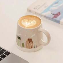 1pc 350ml/11.84oz Ceramic Christmas Tree House Themed Mug, Creative Minimalist Snowflake Tree House Coffee Cup, Suitable For Christmas Holidays, Office Gatherings, Cute Christmas Gift