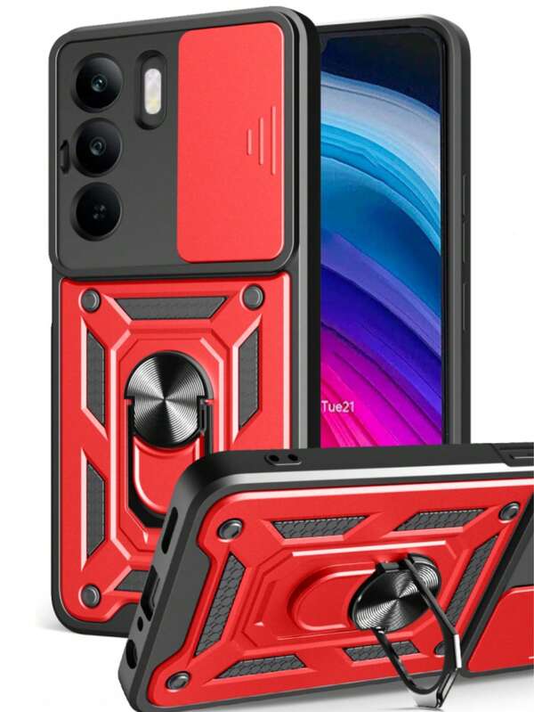 1pc Black With Slide Camera Cover & Rotated Magnetic Ring Kickstand, Heavy Duty Slim Shockproof Hybrid Rugged Drop Protective Cover Women Men Girls Phone Case Apple Compatible With IPhone 16pro/16promax/16plus/16/15pro/15promax,International Version, Not The Domestic Version