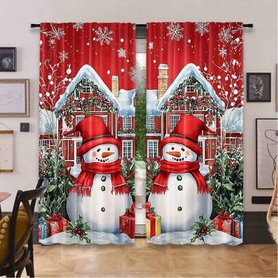 2PCS Christmas Curtains, Red Snowman And Winter Hut Pattern Curtains -100% Polyester Fiber Rod Bag Curtains, Suitable For Living Room And Bedroom, Machine Washable, Holiday Home Decoration, Durable Polyester Material, Happy Holiday Atmosphere