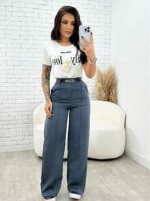 Kit Of 2 Women's Tailored Wide Leg Pants With Belt, Winter/Summer  2026 - 酒紅色/灰色 - 查看 4