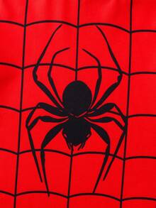 2 件套年轻男孩派对休闲时尚可爱礼物，舒适户外蜘蛛网拼色红蓝蜘蛛印花圆领长袖上衣和直筒裤套装，秋季