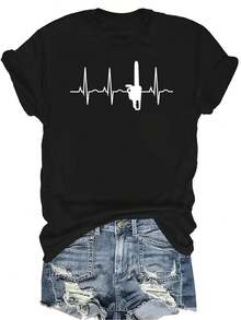 Camiseta unisex con diseño de latidos del corazón y motosierra de leñador como regalo para arboristas. Camiseta de verano casual, transpirable, de cuello redondo, de manga corta, de estilo urbano y versátil, adecuada para adolescentes y adultos - Negro - Ver 1