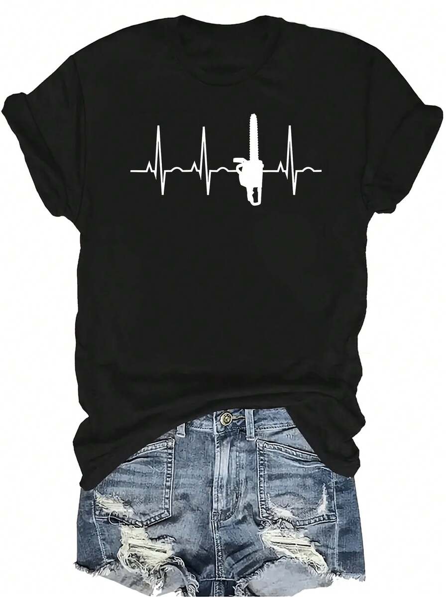 Camiseta unisex con diseño de latidos del corazón y motosierra de leñador como regalo para arboristas. Camiseta de verano casual, transpirable, de cuello redondo, de manga corta, de estilo urbano y versátil, adecuada para adolescentes y adultos - Negro - Ver 1