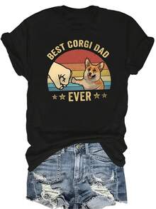 Camiseta con estampado de Corgi, unisex, de verano, casual, transpirable, de cuello redondo, de manga corta, ropa de calle, versátil, adecuada para adolescentes y adultos - Negro - Ver 1