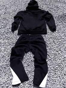 2-Piece Men's Hooded Sweatshirt Set, Long-Sleeved Hooded Sweatshirt With Casual Trousers, Men's Casual Sports Suit, Flame And Star Pattern Print, Los Angeles Style,  Avant-Garde - 黑色 - 查看 2