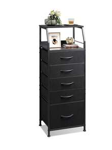 Tall Night Stand With 5 Fabric Drawers, Bedroom Nightstand With 5 Drawers & 2 Open Shelves, Fabric Dresser Organizer, Sturdy Steel Frame Bedside Table - màu đen - Xem 6