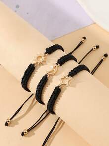 Goodwaro 3pcs Creative Metal Sun, Moon, Star Friendship Bracelets With Handmade Braided Ropes. Suitable For Women For Daily Wear, And Packaged With A Card, Good For Gifting - Black - View 10