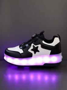 GUANGLAN 2-In-1 LED Light Up Roller Skates For Girls, 2 Wheels Removable USB Rechargeable Roller Skates, Leather Upper, 11 Flashing Modes, 7 Colorful Lights, Unisex Rotatable Button, Easy On/Off, Outdoor Sports - Black and White - View 11