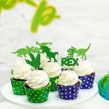 12/24Pcs Dinosaur Cupcake Toppers Green Glitter Roar Dinosaur Cupcake Toppers For Dinosaur Theme BB Shower Birthday Party Cake Decorations Supplies