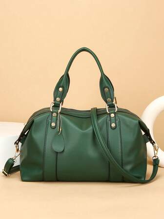 New Vintage PU Leather Women Handbag, Fashion Zipper Shoulder Bag With Detachable Strap, Women Work Travel 2-In-1 Bag, Gray, Black, Green
