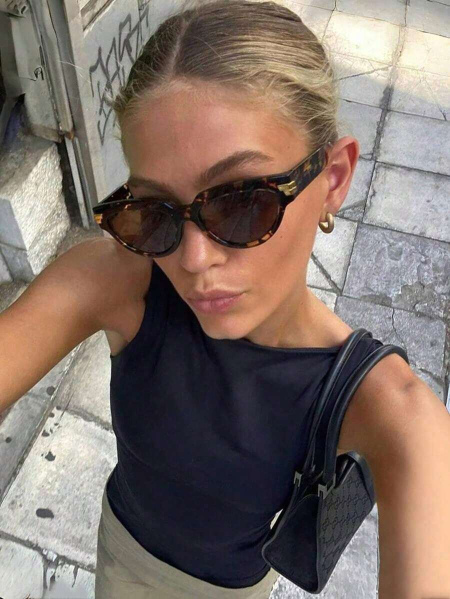 1pc Oval Shaped Large Frame Women's Fashionable Glasses, Eye Fashion Glasses Simple And Versatile Summer Beach Vacation,Outdoor,Travel Preppy Style Back To School Eye Shape Leopard Tortoise Printing - 棕色 - 查看 1