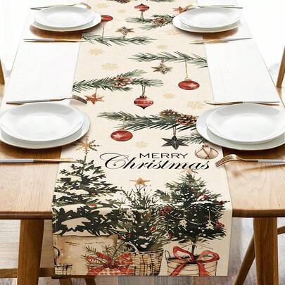 1 pièce Nappe de table de Noël, décoration de cuisine en toile de jute avec boules de Noël et branches de pin, décoration d'intérieur et d'extérieur pour les fêtes de Noël
