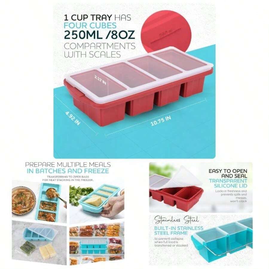 Silicone Freezer Tray With Lid - Soup Freezer Container Molds - Large Cube Tray - Makes 8 1 Cup Portions Cubes, 2 - Pack Freezer Storage Food Soups Meal Prep - Oven Dishwasher - - 1杯,紅色 - 查看 1